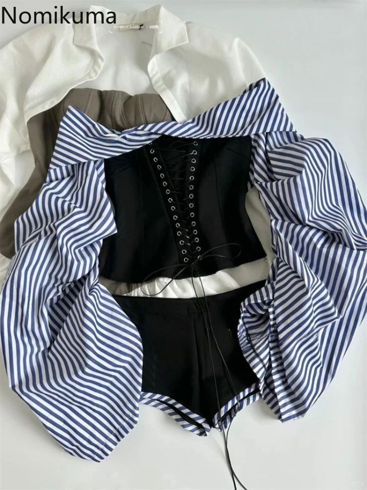 

Women Clothing Korean Two Piece Sets Slash Neck Lace Up Contrast Color Striped Tops Tunic Bodycon Shorts Outfits Chic Y2k Suit