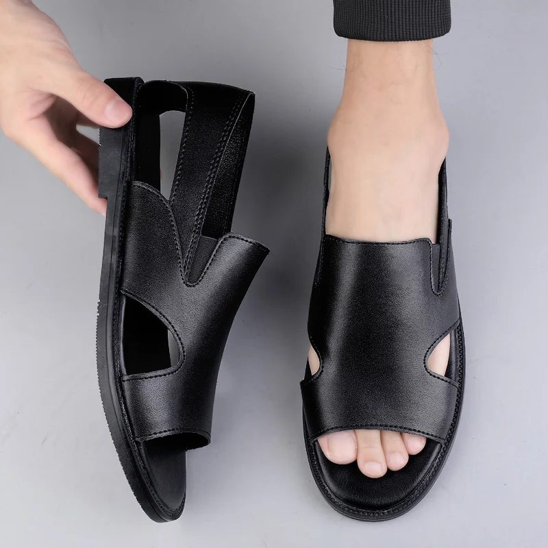 Italian Style Summer Black Sandals Lightweight Fashion Roman Shoes Original Designer Leather Shoes Outdoor Breathable Slippers