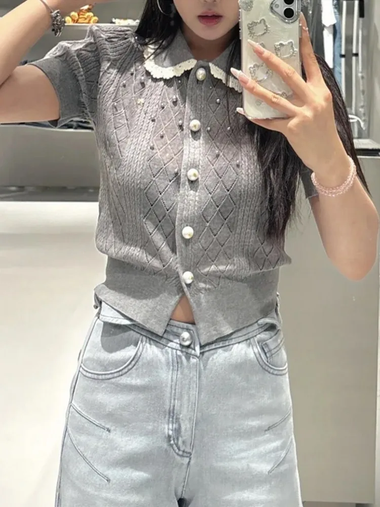 Summer Females Beading Sequin Doll Neck Short Sleeved Thin Knitted T-Shirts Casual Tops Single Breasted Work Lady Fashion Tees