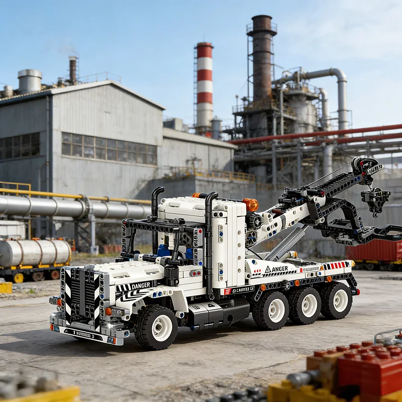 Mechanical linkage highway trailer, challenging assembly, small particle building block toy, including power unit