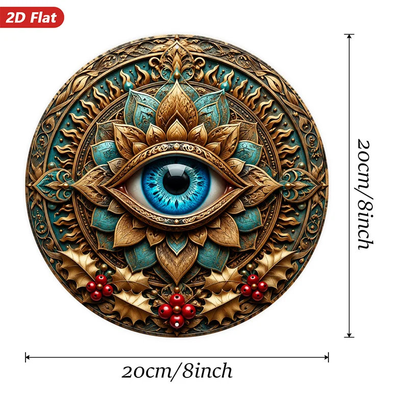 2D Flat, 1pc Mystic Mandala Eye Round Metal Sign Wall Art, Blue Eye Mystic Design, Home Decor, Golden Turquoise for Lotus, Intri