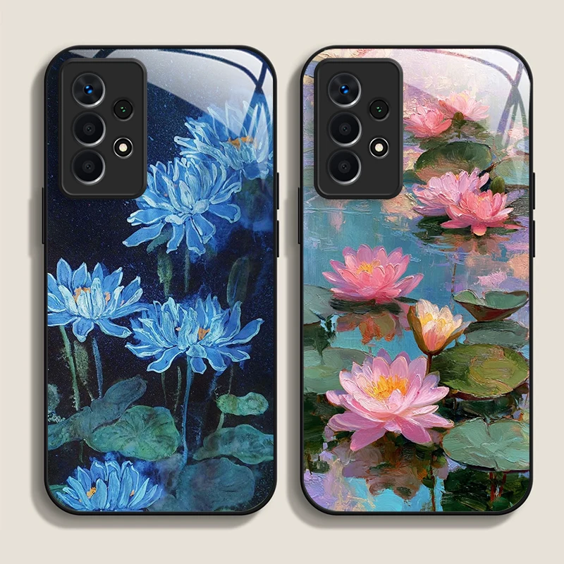 Retro Oil Painting Lotus Flower Pattern Tempered Glass Phone Case for Samsung Galaxy S26 S25 Ultra S24 S23 Plus S22 S21 FE Cover