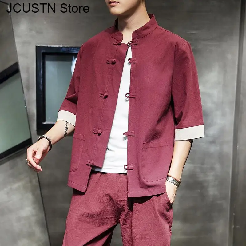 

Vintage Line Tang Clothes Short Sleeve Hanfu Jacket New Chinese Style Tops Male Big Size 3Xl 4Xl 5Xl Qipao Tops Autumn Coat