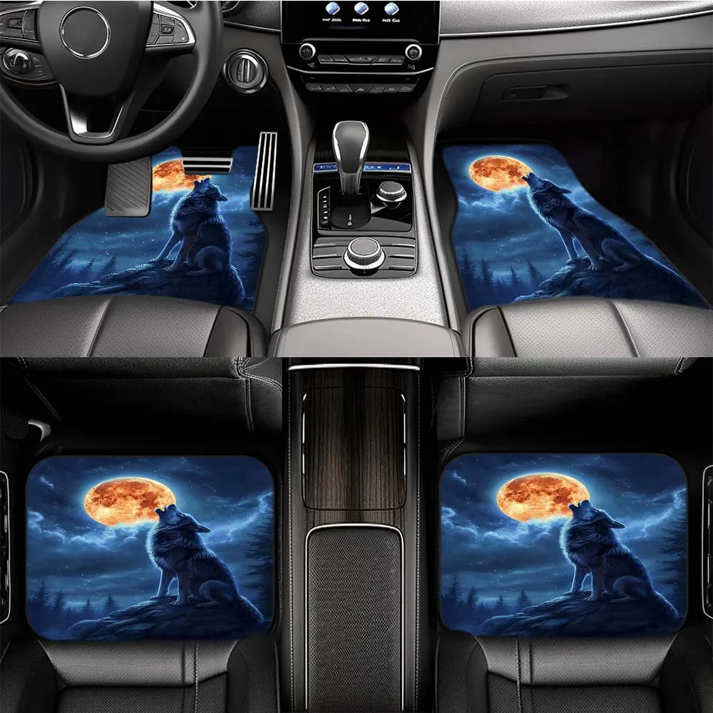 1pc/2pcs/4pcs Wolf And Full Moon Pattern Car Floor Mat, Water-absorbent, Non-slip And Stain-resistant Mat, Car Front And Rear Fl