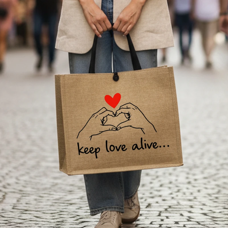 Romantic Heart Hands Jute Tote Bag 