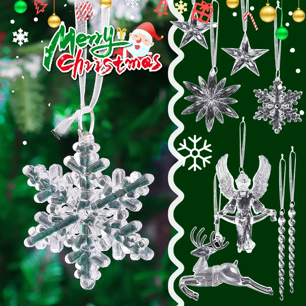 كريستال شجرة عيد الميلاد الحلي ندفة الثلج الخماسي الملاك الأيائل الرنة الخيوط عناصر الجليد شكل المنزل عيد الميلاد ديكور معلق