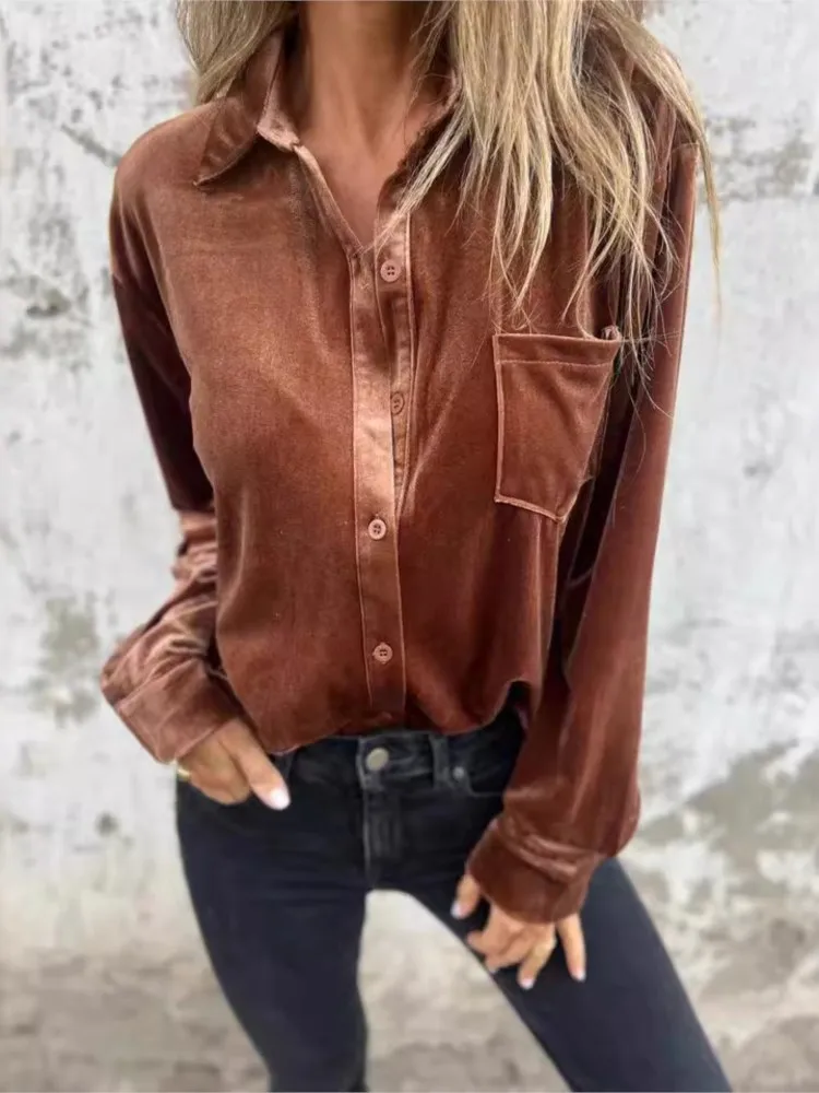 Autumn Gold Velvet Shirt For Women 2024 Long Sleeve Button Blouse And Top Loose Fashion Solid Color Bottoming Shirt Female