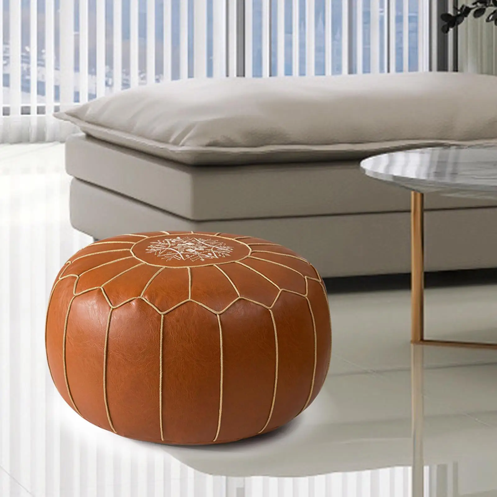 Premium PU Pouf Cover Round Ottoman Seat Cushion for Home Seating and Footrest Use
