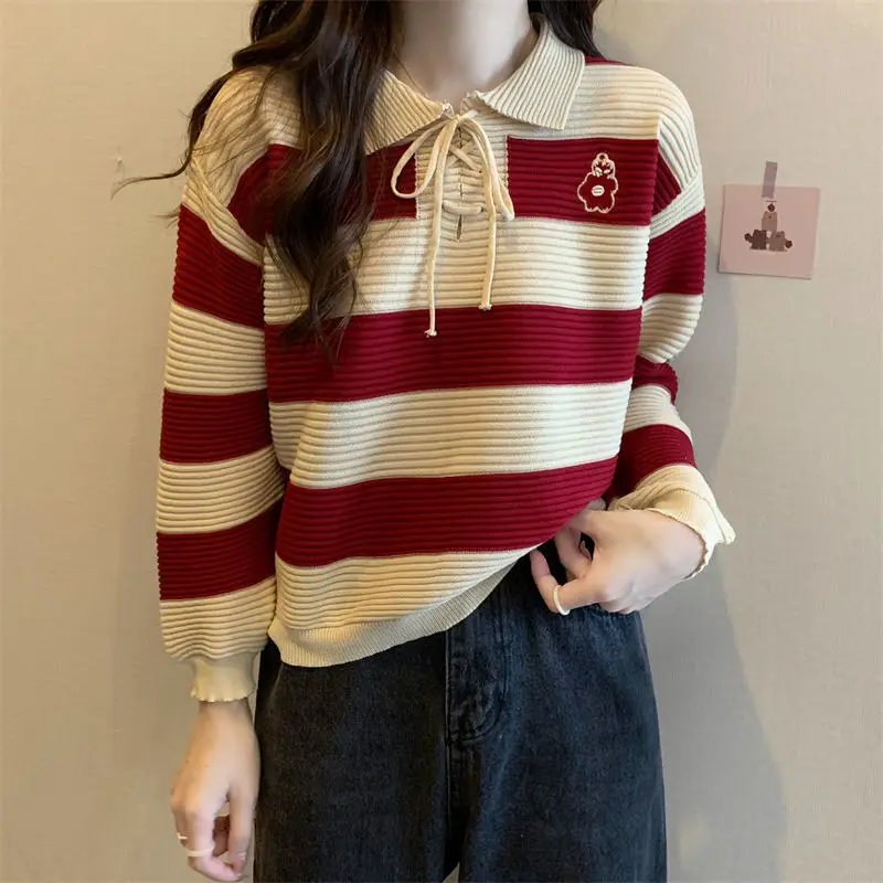 Vintage Striped Lazy Sweaters Spring Autumn New Long Sleeve Polo Neck Loose Contrast Pullovers Top Sweet Fashion Women Clothing