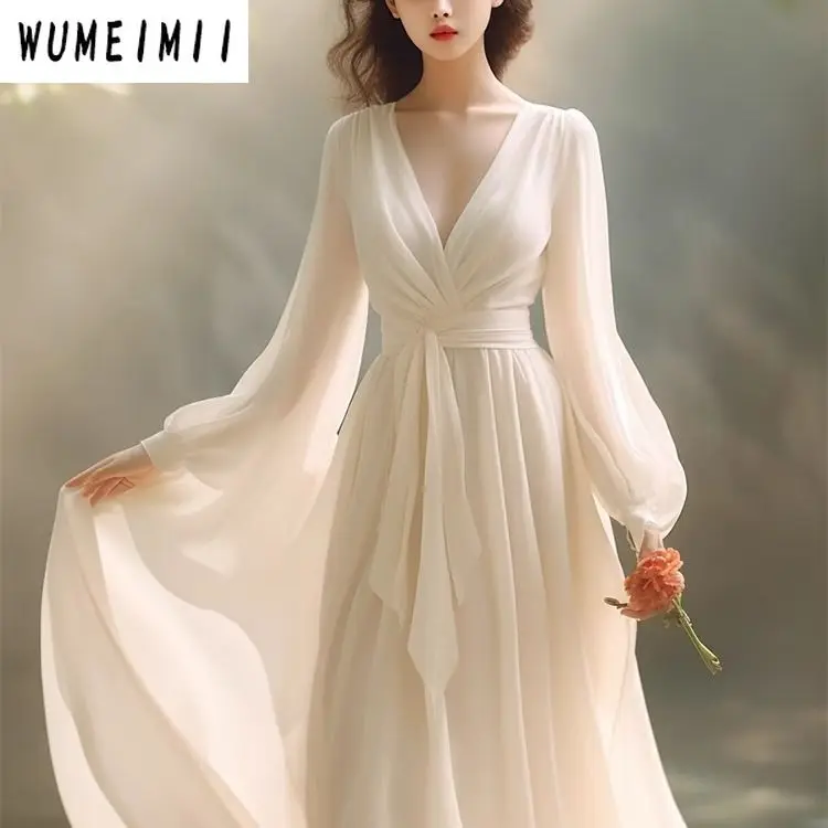 

2025 early spring new French long dress high sense beautiful gentle wind white chiffon dress summer
