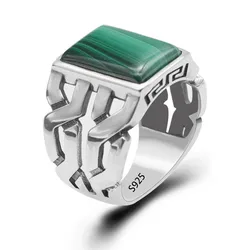 Wholesale Men Ring Base real 925 Sterling Rings Green Rectangle Malachite Stone Rings Men Silver