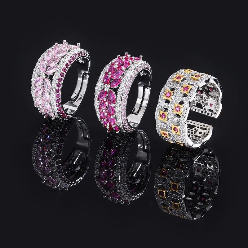 

Jewelry Champagne Color Full Diamond Ring European and American Red Corundum Gemstone Ring Pink Zircon Ring