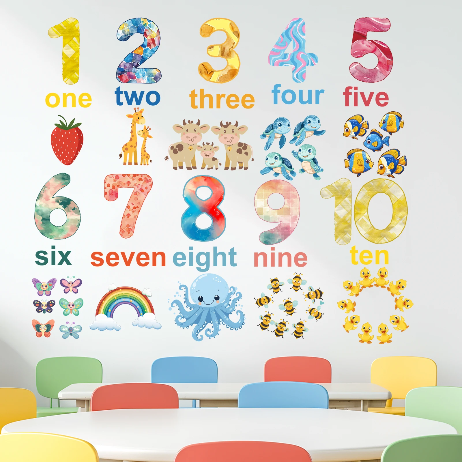 Number 1-10 Animal Wall Sticker Educational Counting Art Wall Decal Removable Peel and Stick Home Decor for Study Room Library