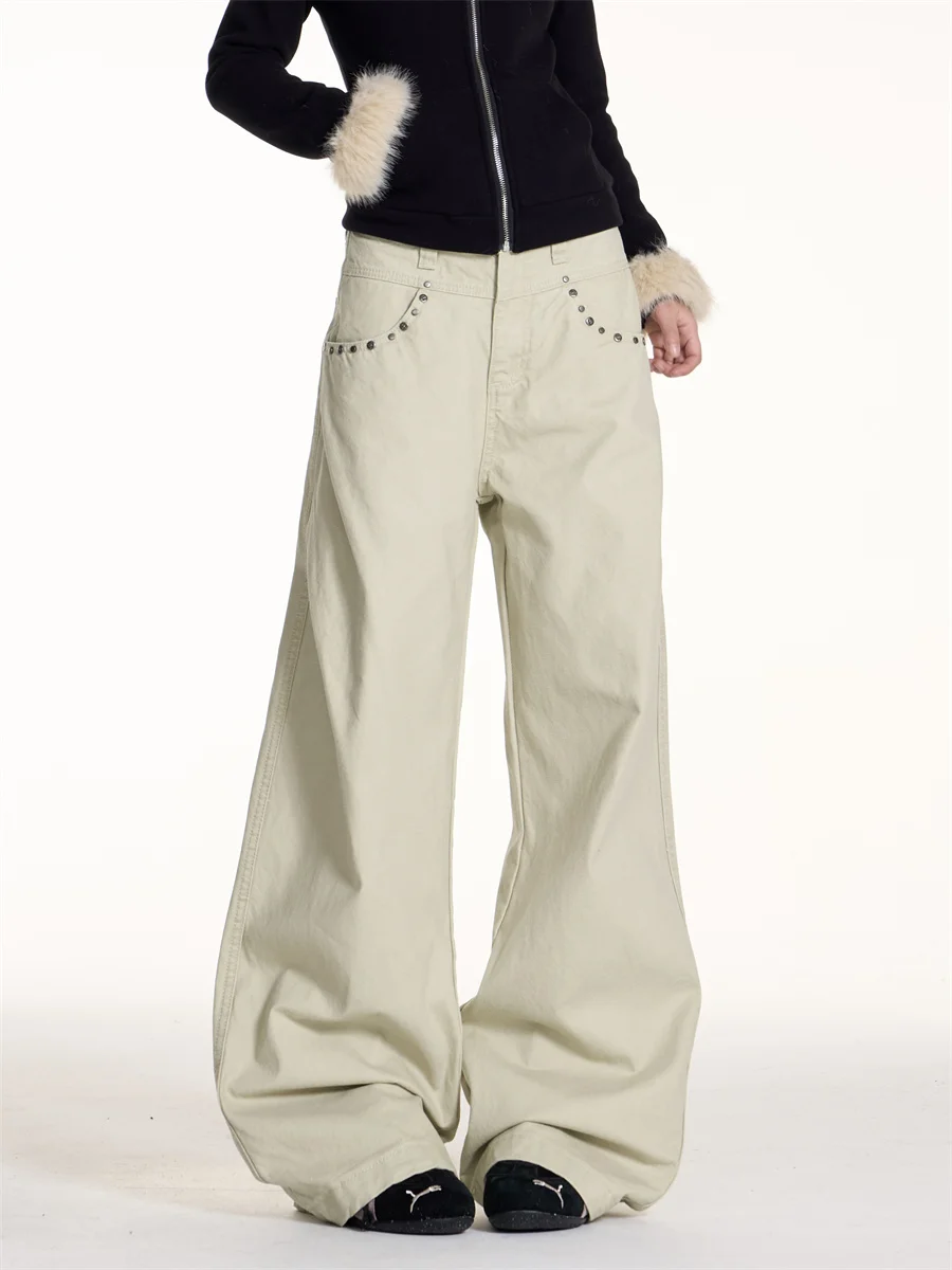 

Женские повседневные брюки с низкой талией, широкими штанинами, декорированные заклепками, свободные, сексуальные, в пол, повседневные брюки