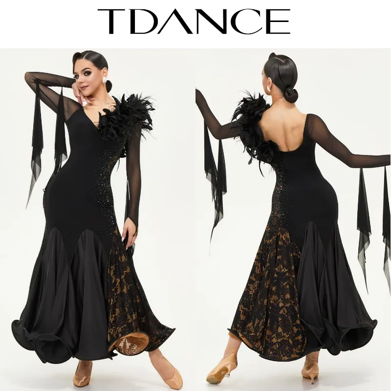 TDANCE High-end Customized Ballroom Dance Clothes Modern Black Performance Competition Uniform Evening Dress Big Swing SM10