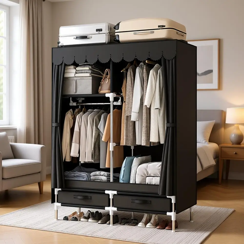 

Portable Armoire Wardrobe Closet with 4 Hanging Rods and Lockers, Metal Storage Clothes Rack with Dust Cover, 16.7 in Wide, Bedr