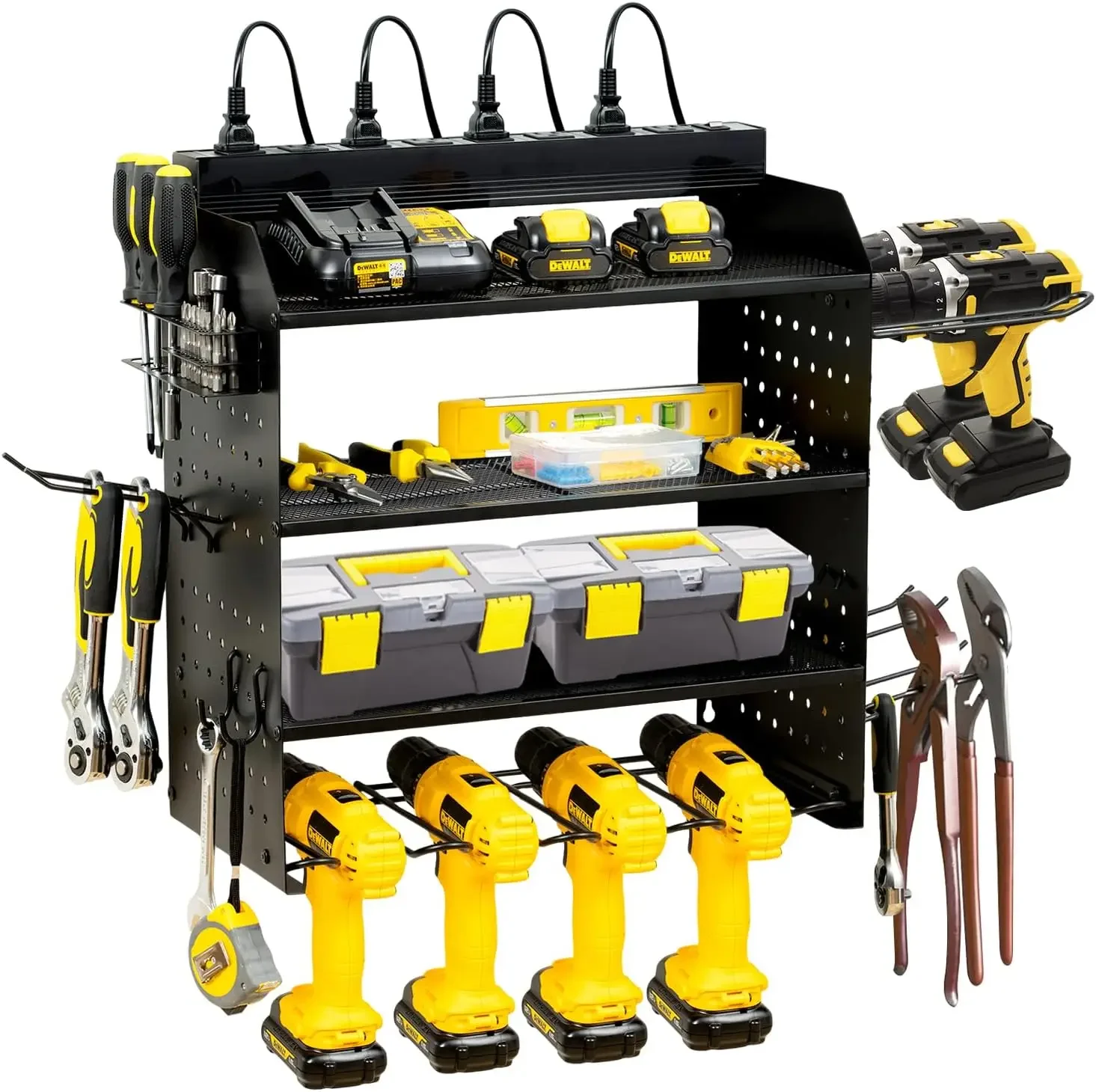 

Power Tool Organizer Wall Mount with Charging Station, Heavy Duty 6 Layer Drill Holder, Storage Rack with 4 Shelves