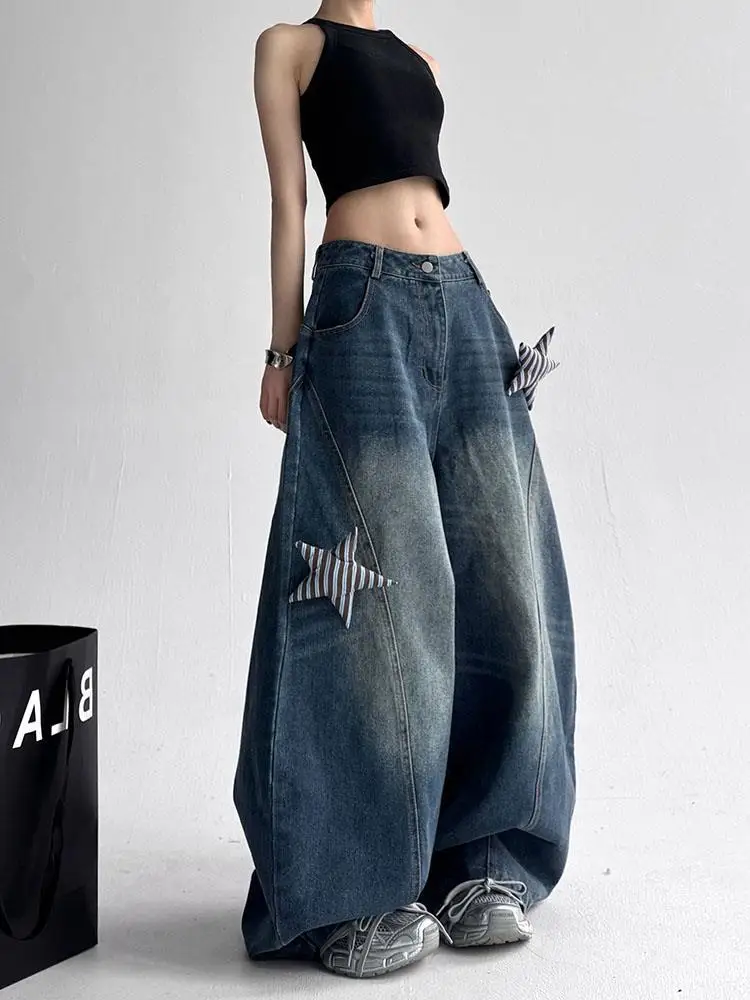 

Ретро джинсы с вышивкой в американском стиле, свободные широкие брюки из денима для мужчин и женщин, модные повседневные прямые брюки в уличном стиле