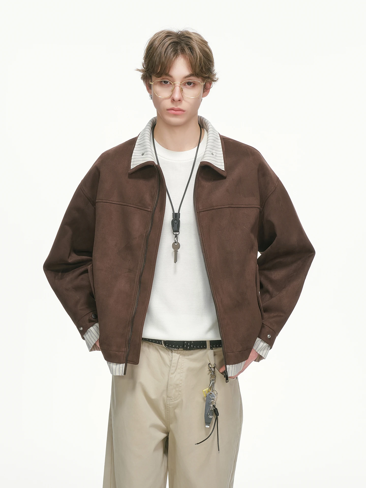 Cleanfit American Style Men's Suede Jacket Striped Short Coat for Autumn Youth Poplar Loose Fit Regular Sleeve Length