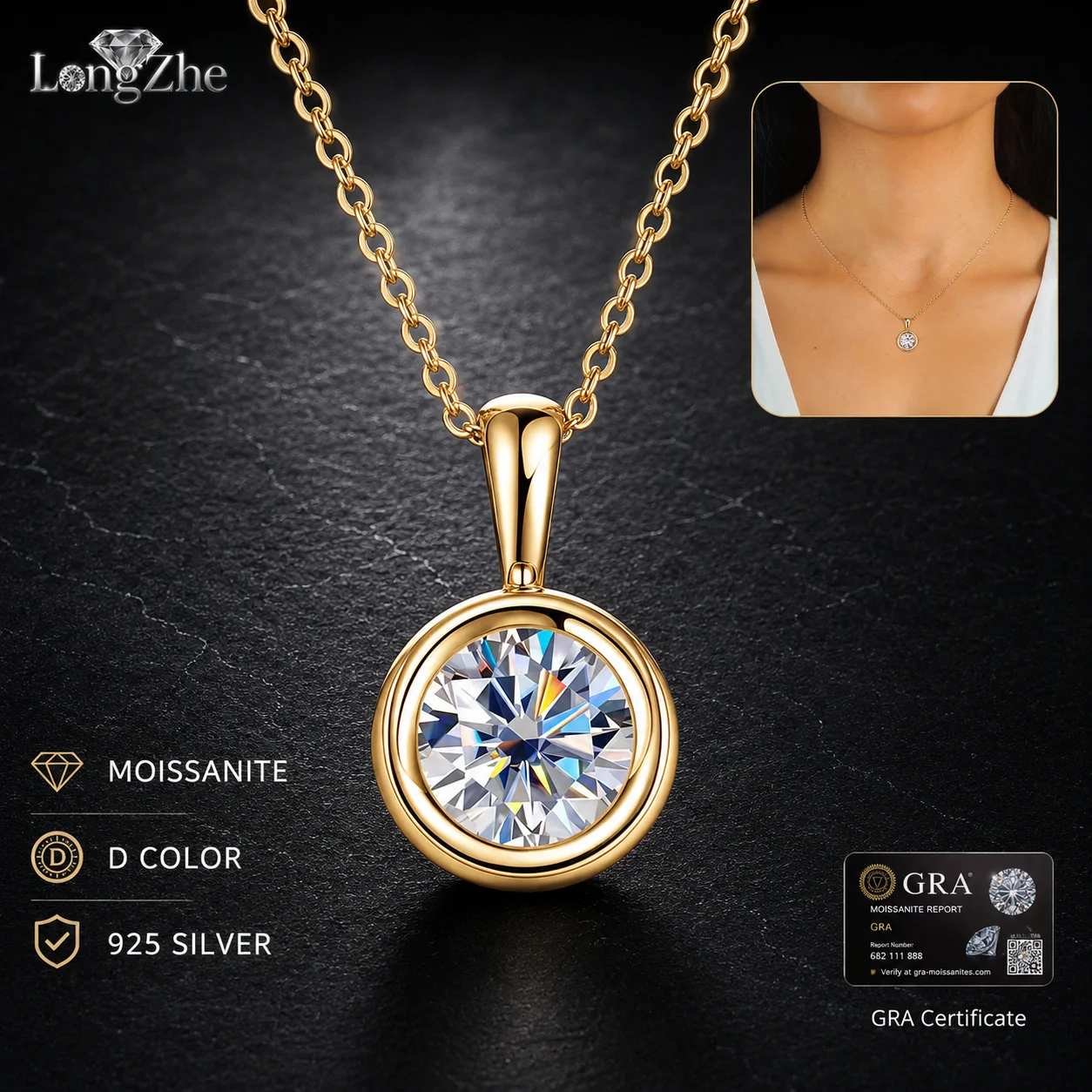 LongZhe S925 Silver Moissanite Pendant Necklace 2CT 8mm D Color GRA Certificate Diamond Tester Passed Women Fine Jewelry Gift