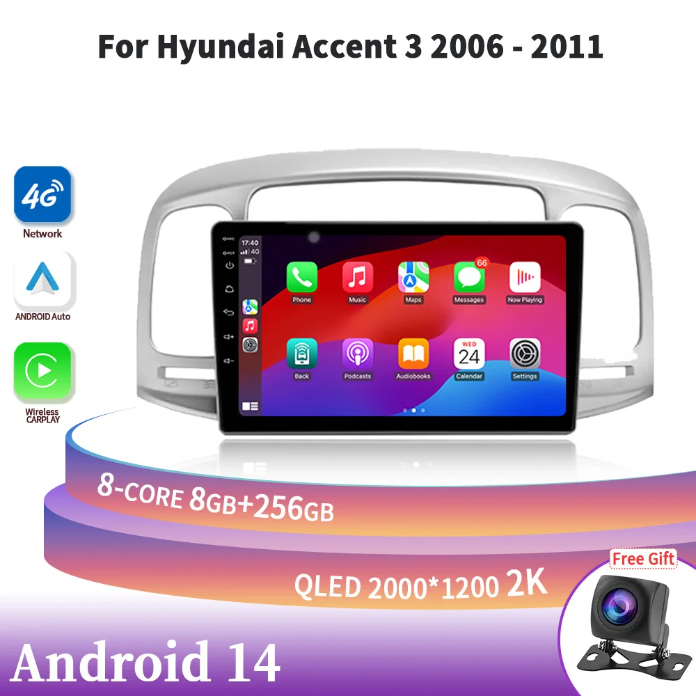 Android 14 For Hyundai Accent 3 2006-2011 GPS Wireless Carplay Stereo Car Radio Central Multimedia Navigation Screen 2DIN 4G