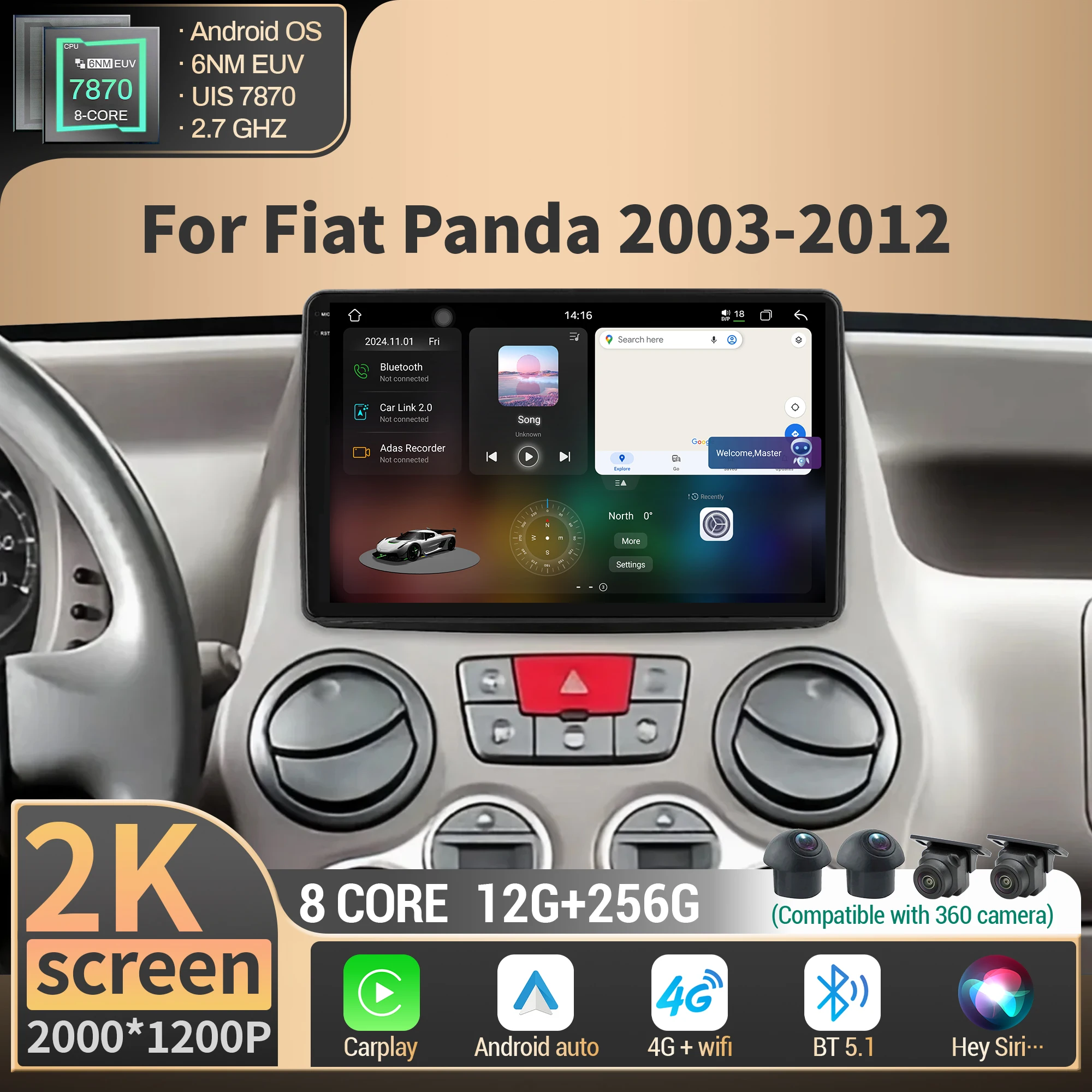 

Android For Fiat Panda 2003-2012 Car Radio Navigation Multimedia Wireless BT Carplay 4G GPS CPU 7870 2K QLED Screen Stereo