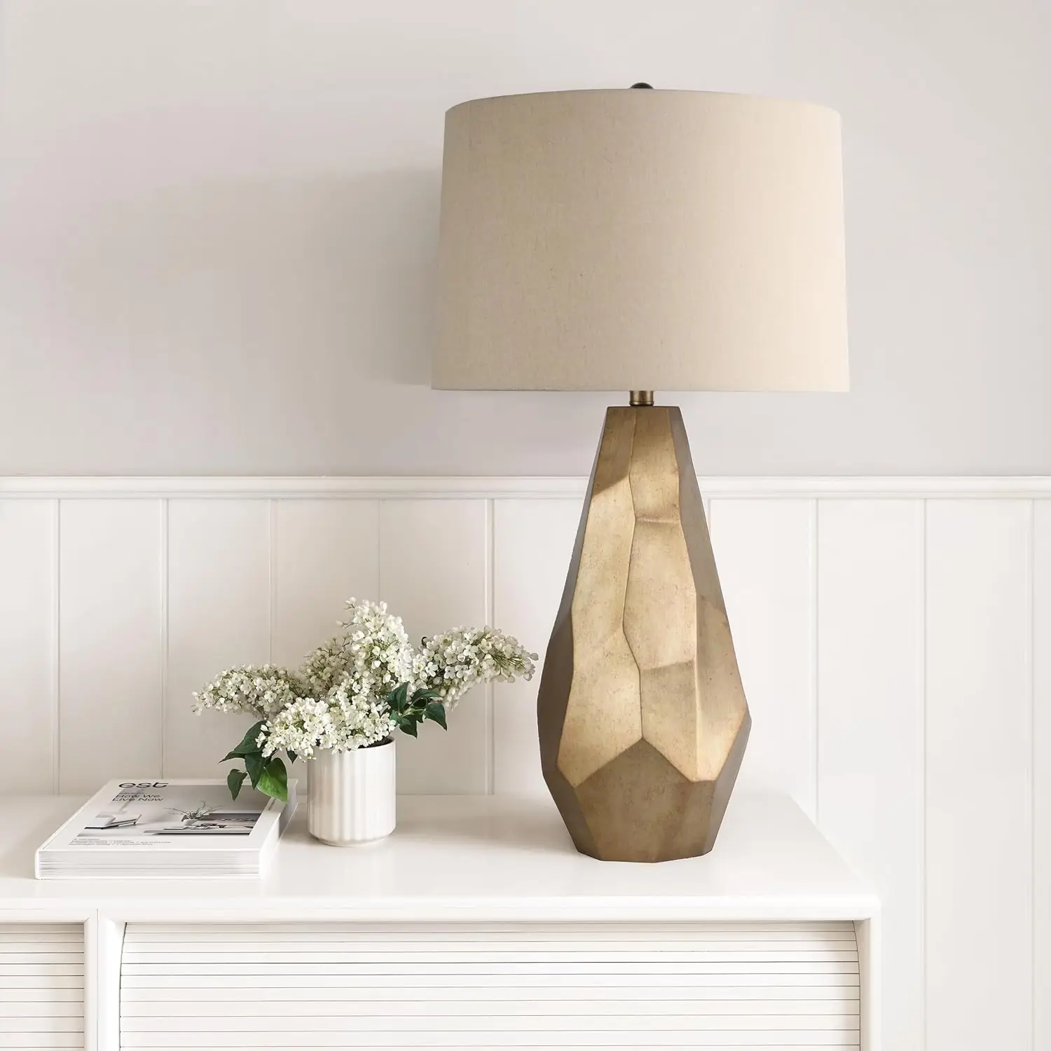 Abani Table Lamp Lia Faceted 31.5” – Modern Glam Gold Resin Base with Wheat Linen Shade – E26 Bulb Included – Elegant Desk Lamp for Bedroom, Living Room Lamp, Dorm or Nightstand