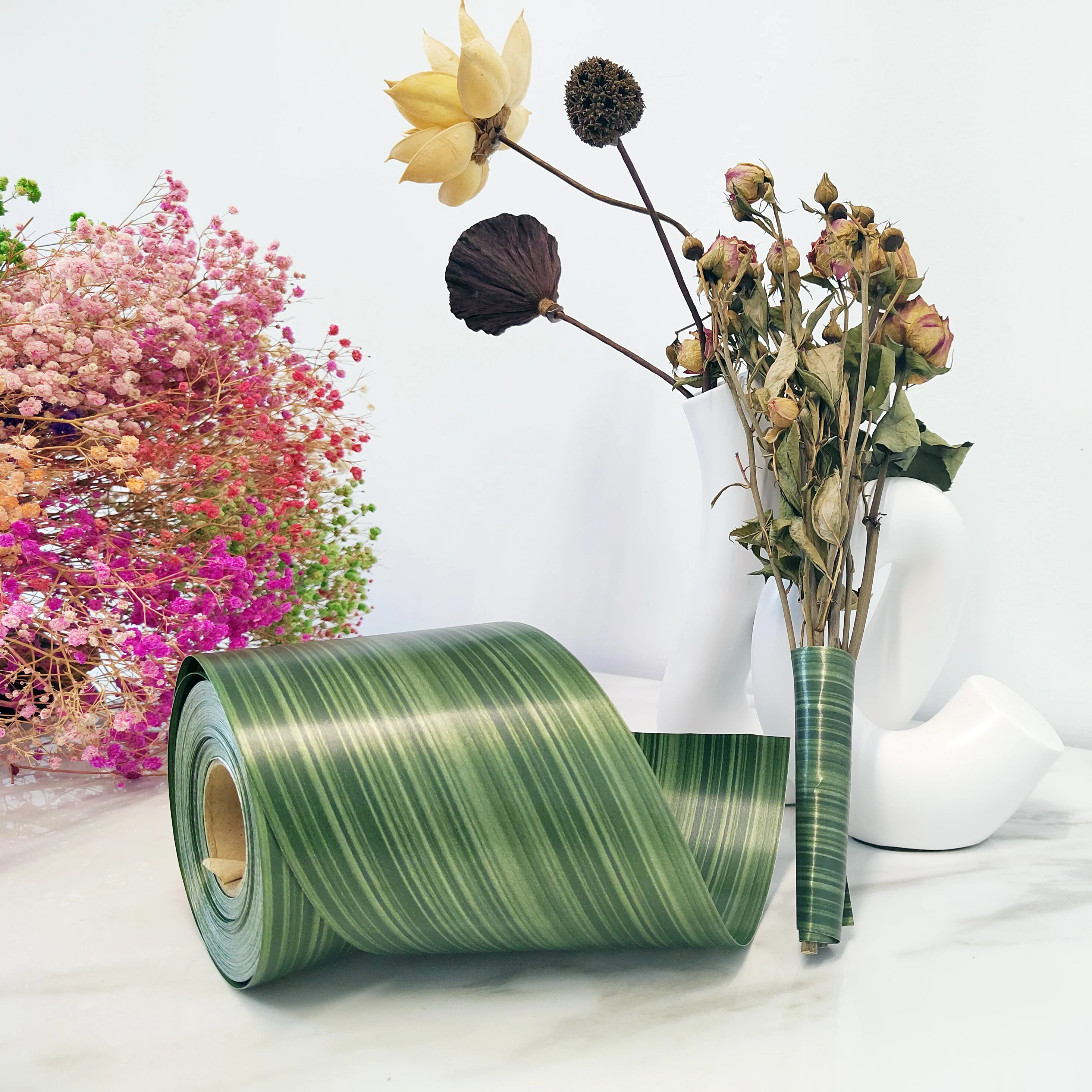 Bark Ornament Printed Best-seller Ti-Leaf Double Face Ribbon Roll Bark Grain Leaf Shape Ribbon Roll For Flower Vase Decoration