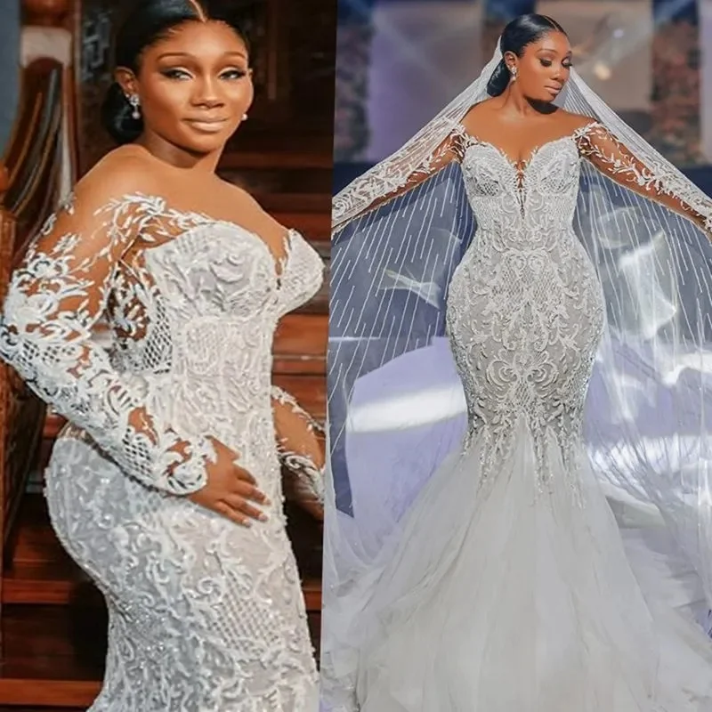 Customized Plus Size Aso Ebi Mermaid Wedding Dress Bridal Gowns Illusion Sheer Neck Long Sleeves Beaded Lace Tulle Dress