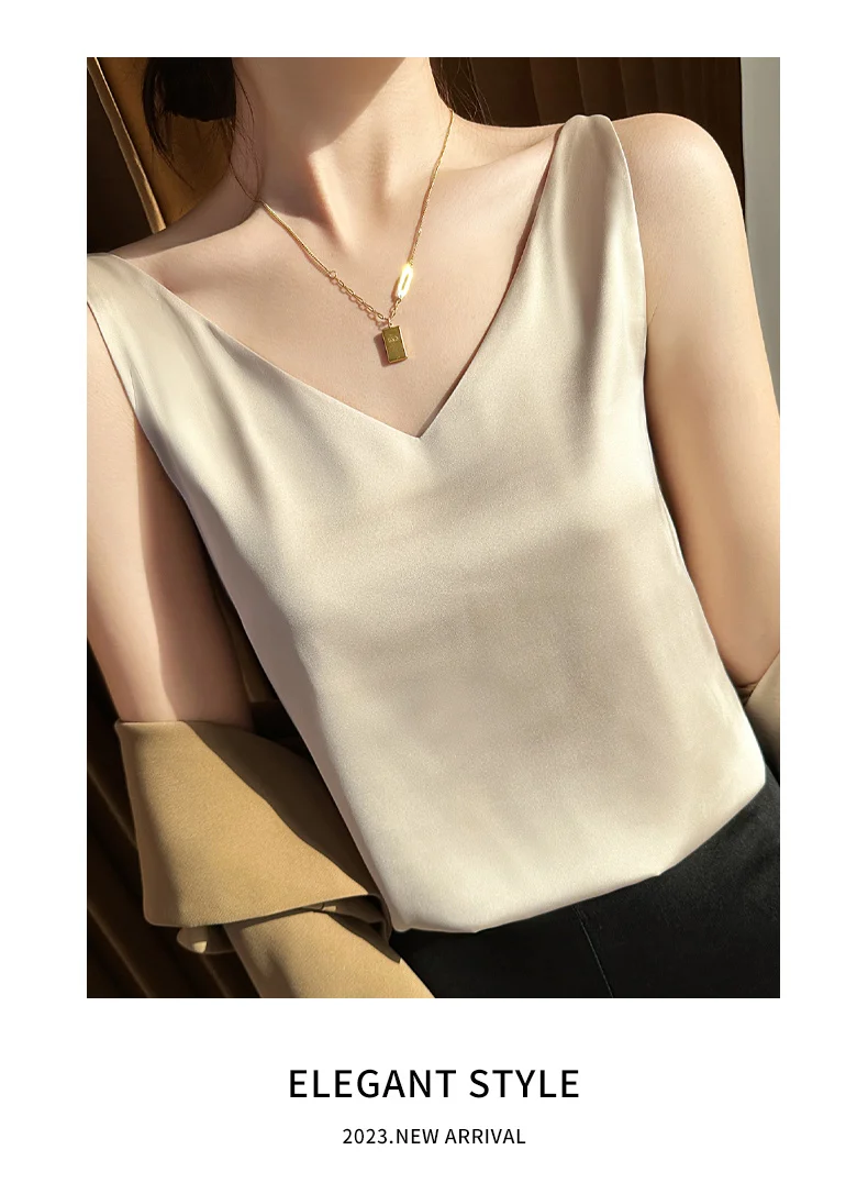Seidensatin-Damen-Tanktop mit doppelter Schulterpartie, V-Ausschnitt, ärmelloses Top, T-Shirt, elegantes Crop-Top, solide, lässig, Basic, 2025, Sommer – Detail 16