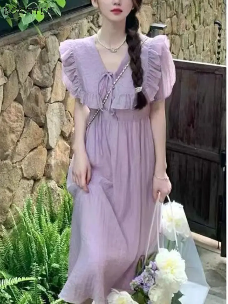 Purple Dresses Women Sweet Preppy Style Ruffles Design French Version Gentle Temperament V-neck Casual Simple Retro Prairie Chic