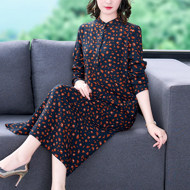 

2023 New Fashion Silk Printed Dress Women's Autumn Vintage Fragmented Flowers Loose Fit Long Sleeve Dress Vestidos