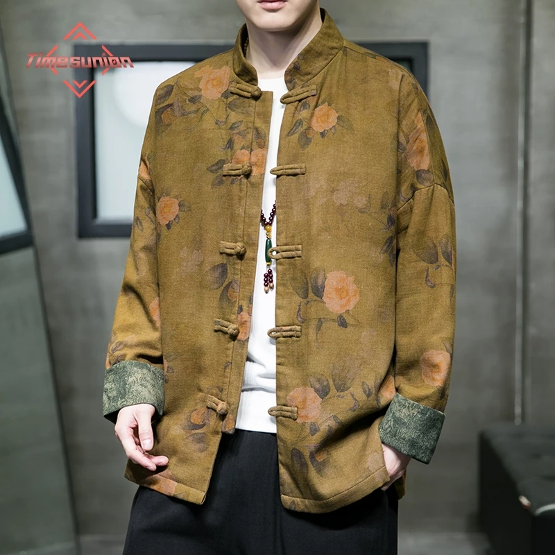 

Хлопка льна куртки для мужчины Print Flower Tang Suit Tops Shirt Китайская традиционная ретро пальто Мандарин воротник пряжка куртка