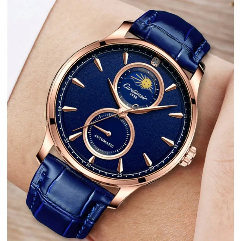 Blue Men Watch Fully Automatic Mechanical Watch Business Clock Waterproof Fashion Sports Men Watch Blue Cowhide Strap Relojes