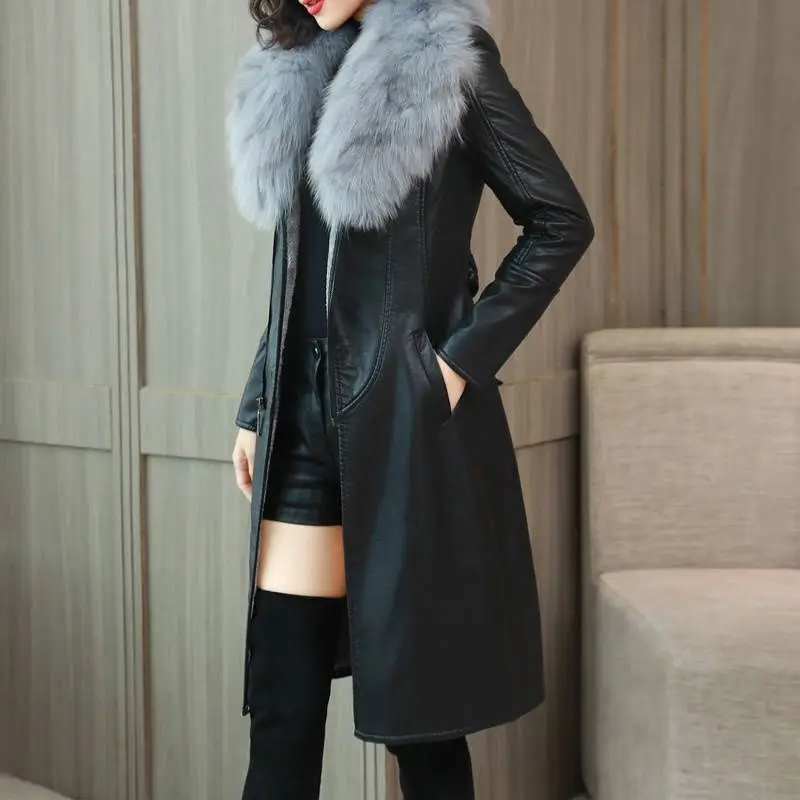 Winter Faux Fur Collar Leather Long Loose Coats Coat Female Jacket Parka Women Femme Rabbit Mink Sheepskin Fashion