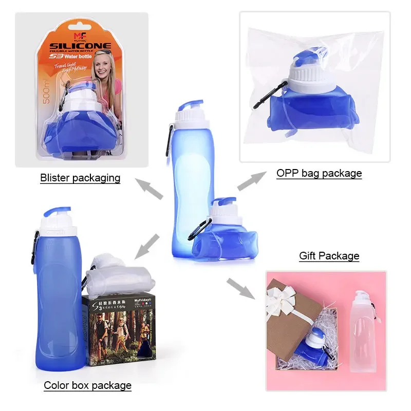 Botella de agua de silicona de 500ml, taza portátil plegable, botellas ligeras para beber, ciclismo, viajes, deportes al aire libre