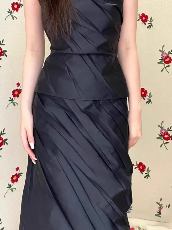 

Sweet Girl Pleated Long Skirt High Waist A-Line Vintage Style Polyester Fiber City Walk Summer 2025 Shushuto Shanghai