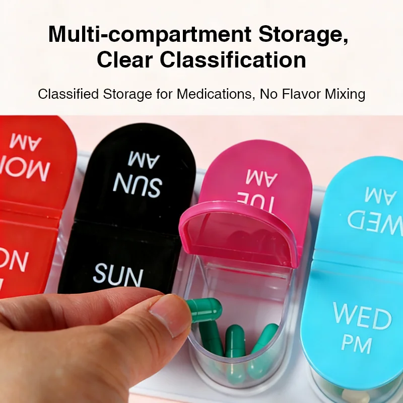 7 Day Pill Box Organizer 2 Times a Day, Portable Rainbow Color Coded Weekly Medication Case, Easy Open Individual Daily Pill Con