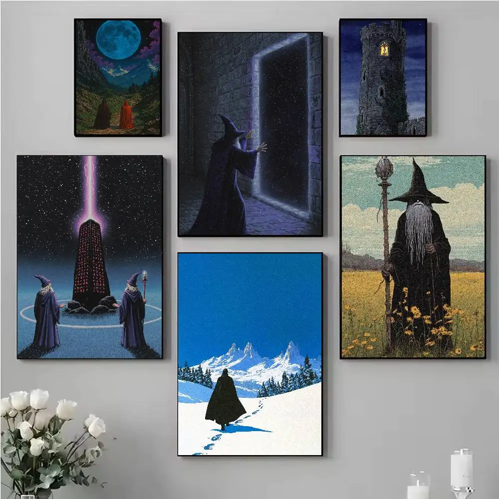 Wizard Magic Poster, Dark Fantasy Sorcerer Glowing Starry Sticker Door in Ancient Rune Corridor Wall Art for Medieval Room Decor