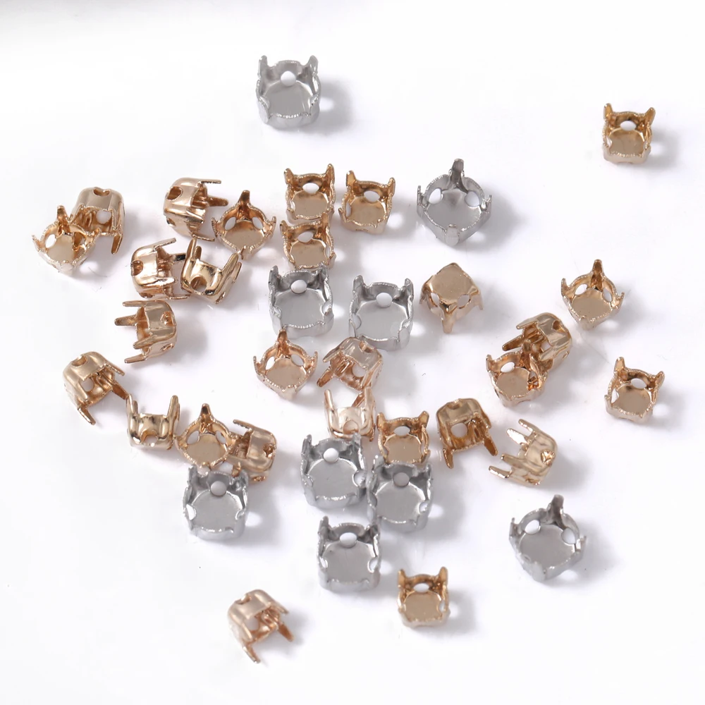 Marcos redondos de diamantes de imitación de 4mm, garras doradas SS16 para costura, Material de cobre, garras de costura, contenedor Base de piedras elegantes