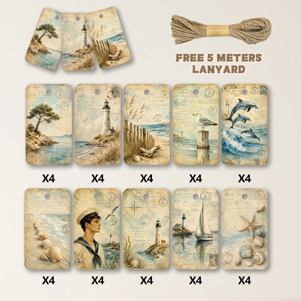 40pcs, Gift Tags, Vintage Postmark Coastal Art, Hanging Paper Labels for Gift Wrapping, Holiday Party Decor with String