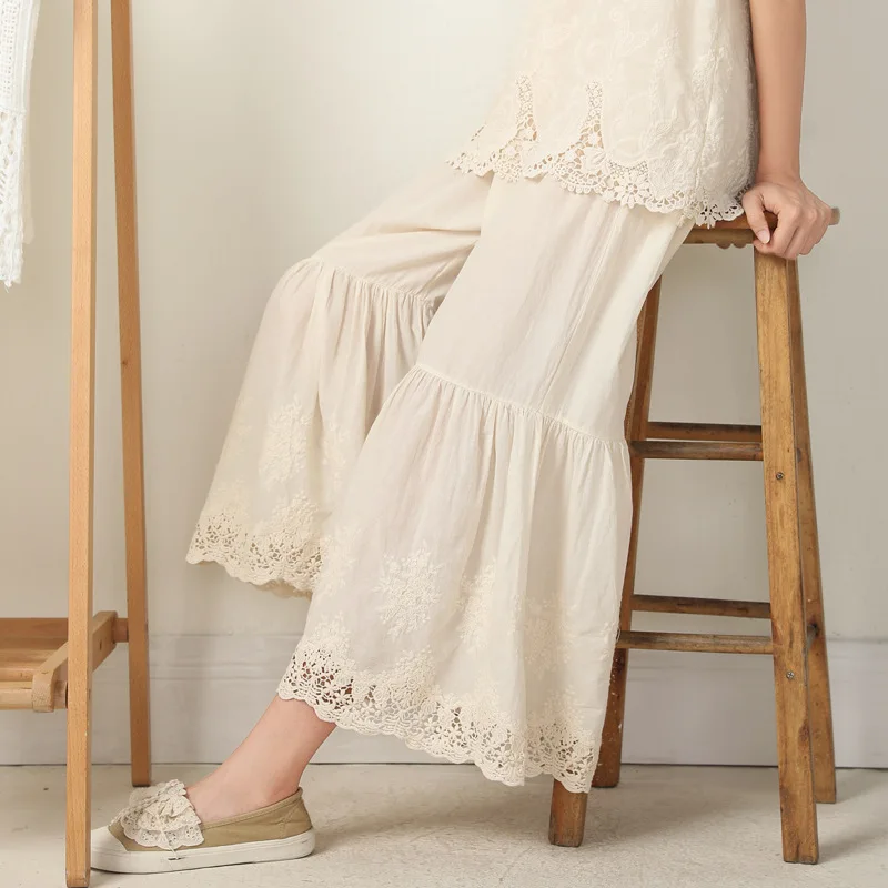 

Japanese Sweet Mori Girl Ruffles Lace Wide Leg Pants Women Summer Elastic Waist Casual Loose Thin Cotton Trousers Bloomers