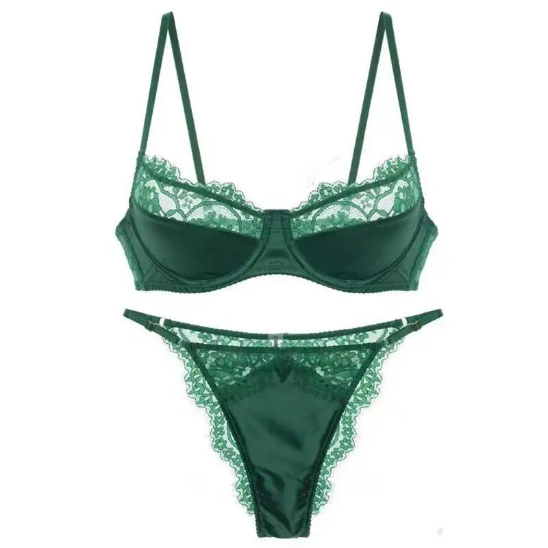 French Style Satin Pure Desire Eyelash Lace Lingerie For Women Featuring A Push Up Bra Low Rise Thong With Thin Straps
