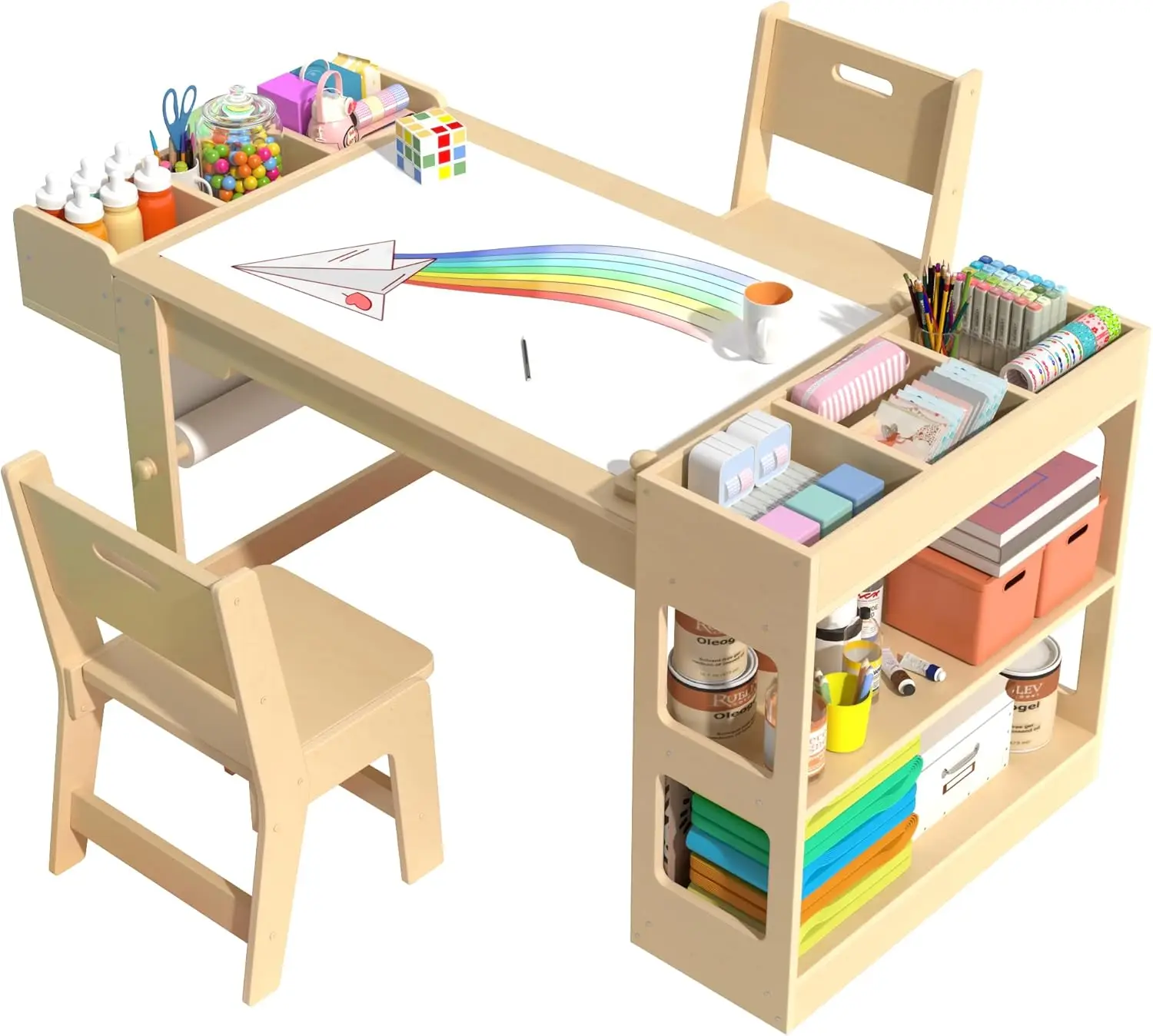 

Детский деревянный стол для творчества с 2 стульями, местом для хранения и рулоном бумаги для рисования и развивающих занятий
