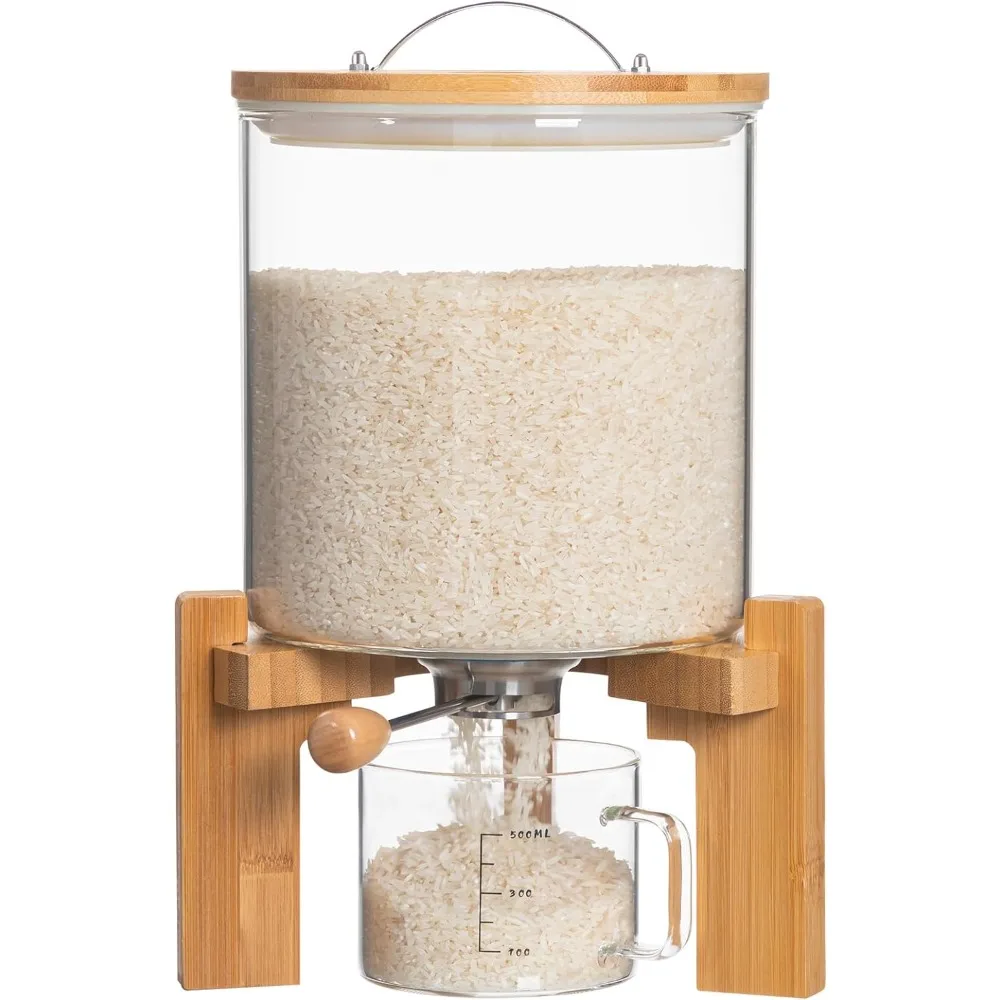 Glass Rice Dispenser with Wooden Stand Flour and Cereal Container with Glass Measuring Cup Pantry Food Organization Storage