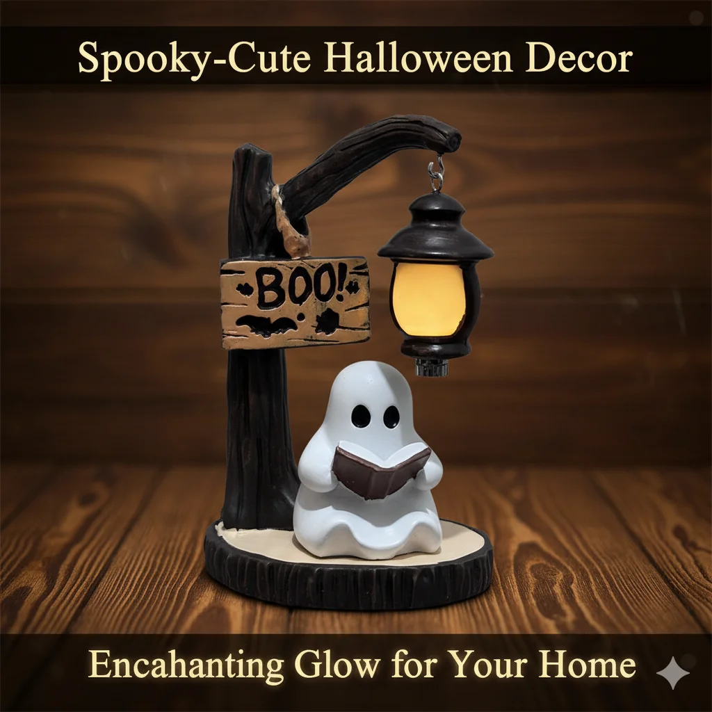 Halloween Ghost Swing Lamp With Boo Sign And Lantern Resin Craft For Home Garden Decoration Ghost Reading Book Ornament