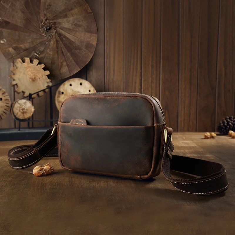 New Handmade Genuine Leather Cross body Bag Men Vintage Top Layer Cowhide Leather Shoulder Bag Casual Outdoor Travel Mini Bag