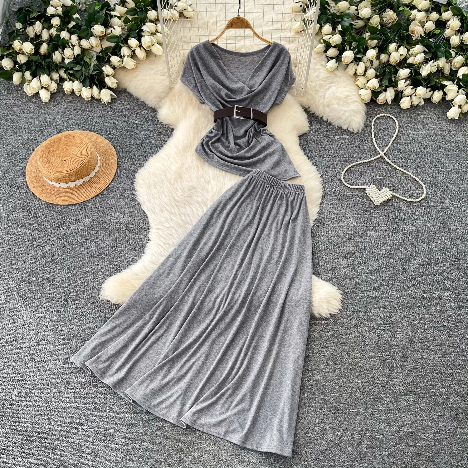 

Women Two Piece Sets Skirt Set V Neck Short Sleeve Tops Long Skirts A Line Tight Waist Y2k Streetwear Elegant Work Spring 2026