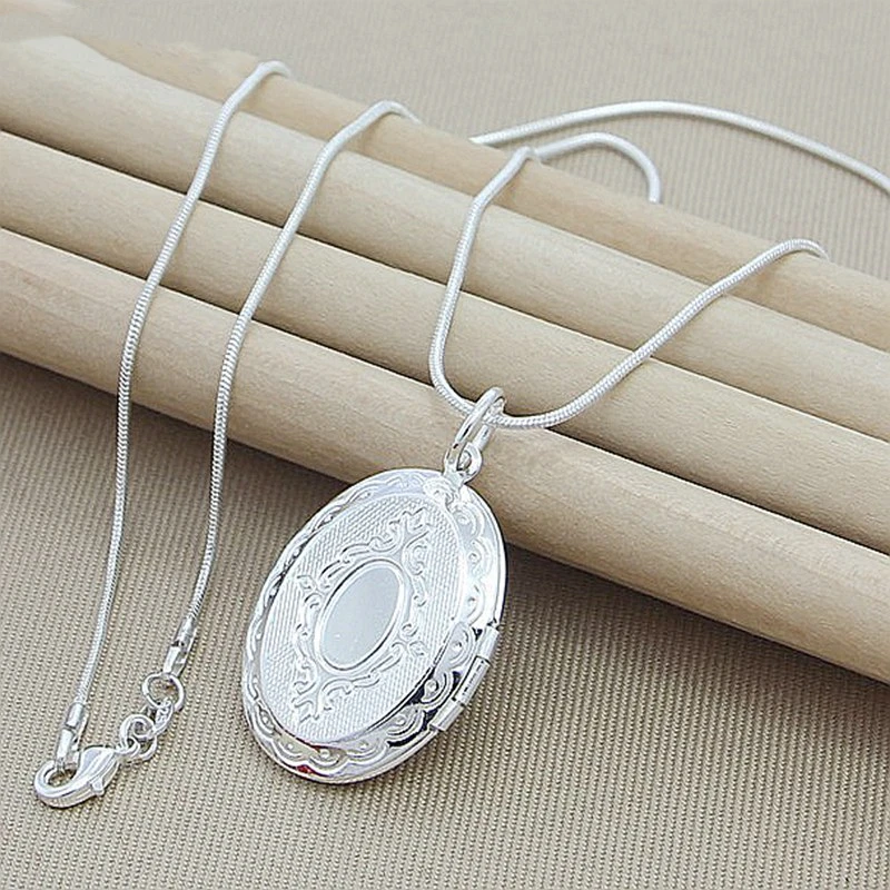 

40-75cm 925 Sterling Silver Oval heart Round Photo open Frame Pendant Necklace Snake Chain For Woman Man Wedding Jewelry