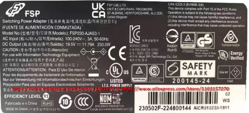 Original FSP 19.5V 11.79A 230W FSP230-AJAS3-1 Power Supply AC Adapter For INTEL NUC8I7 NUC9I7 NUC9I5 NUC8I7HVK NUC8I7HNK Charger